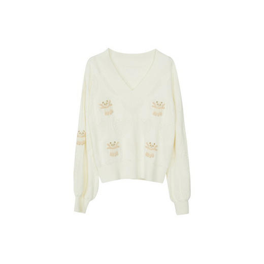 谜底V领套头针织衫女2024春新款文艺风特色绣花合体毛衫241MZ0310 商品图4