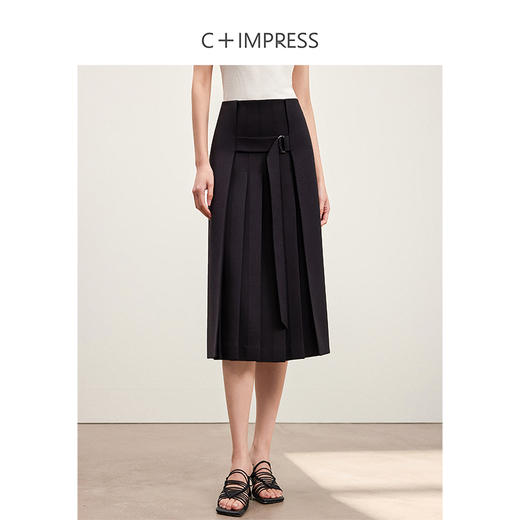 西嘉C+IMPRESS/西嘉精纺羊毛压褶黑色半身裙女春季新款设计感腰带短裙BQ2401009 商品图0