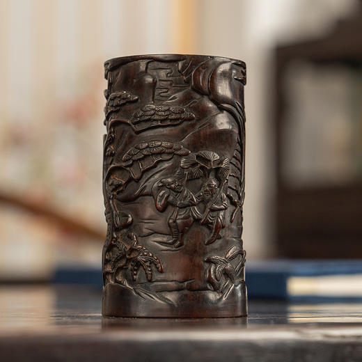 清 紫檀木雕渔樵耕读笔筒 商品图1