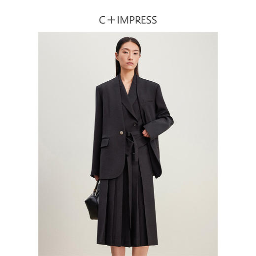 西嘉C+IMPRESS/西嘉羊毛后开衩无领西装外套女无袖马甲压褶半身裙套装WT2401009 商品图0