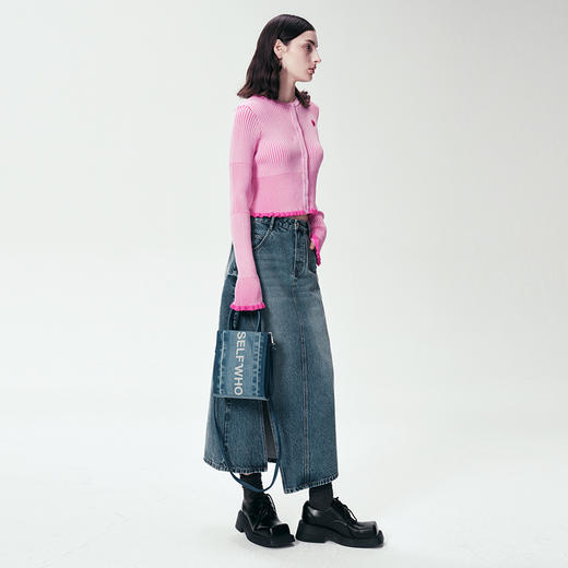 SELFWHO 纯棉复古牛仔半身裙2024新款春小个子设计感a字开叉裙子 商品图2