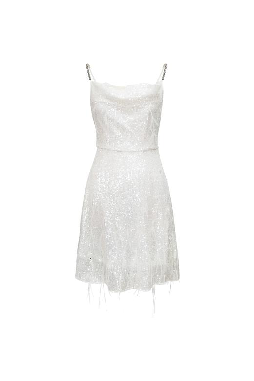 白色银河亮片鸵鸟毛吊带荡领修身连衣裙 商品图0