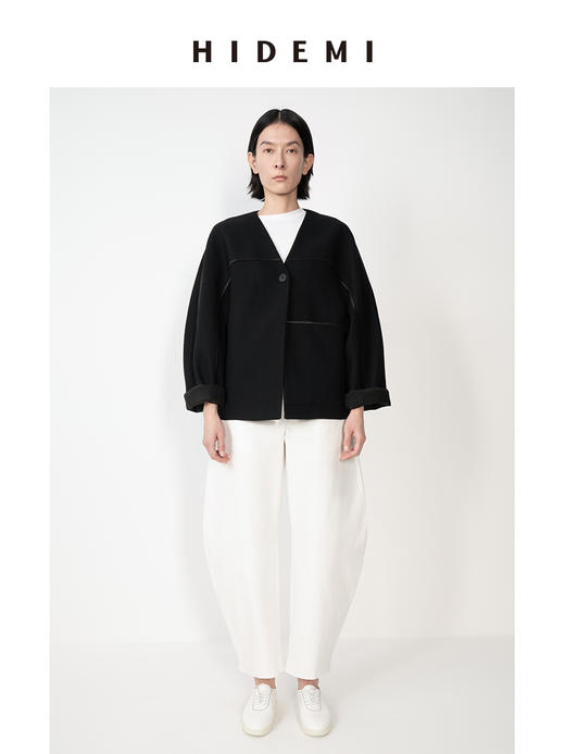 HIDEMI简约无领嵌条拼接弧形袖廓形感西装外套 商品图1