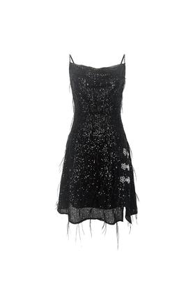 黑色银河亮片鸵鸟毛吊带荡领修身连衣裙