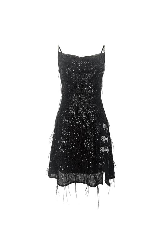 黑色银河亮片鸵鸟毛吊带荡领修身连衣裙 商品图0