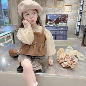 女童小香风皮马甲三件套2024年春季新款韩版套装童装