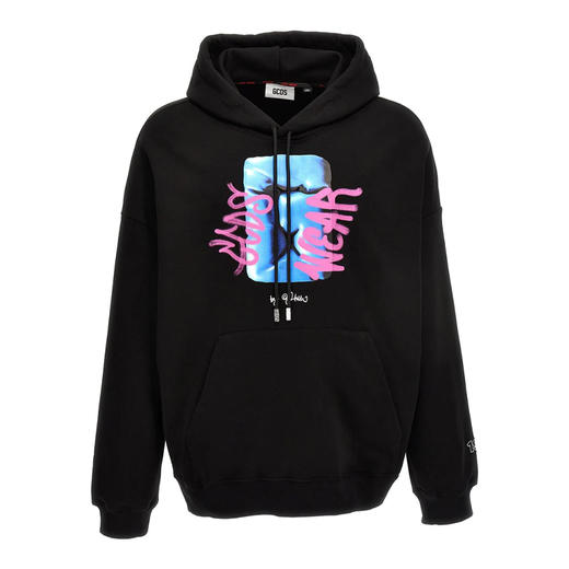 GCDS 男士涂鸦徽标印花棉质连帽卫衣 黑色 FW23M10066702 商品图0