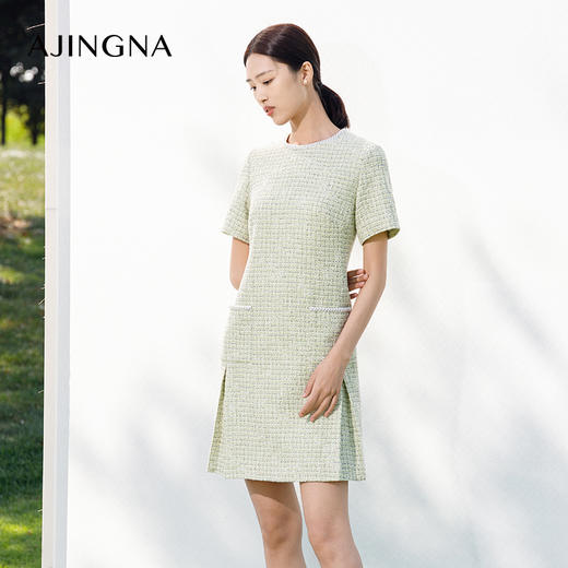 【商场同款】阿菁娜2024春夏新款圆领直筒宽松显瘦小香风连衣裙A29C112016 商品图2