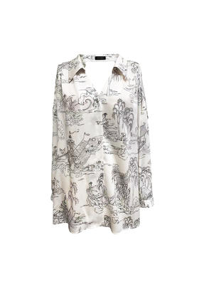 米白色洛神赋手绘印花露背衬衣