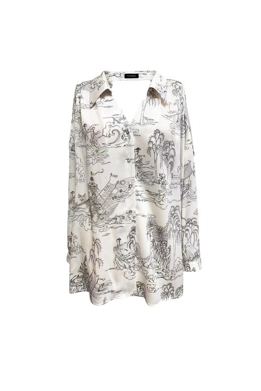 米白色洛神赋手绘印花露背衬衣 商品图0