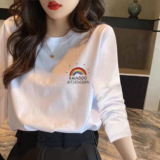 春秋装新款【正肩白色t恤女 宽松长袖】日常百搭 印花纯棉内搭 打底衫上衣潮 商品图13