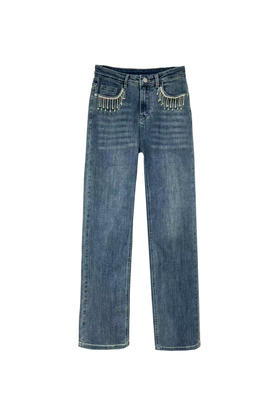 弹力高腰直筒牛仔裤蓝色柔软舒适长裤