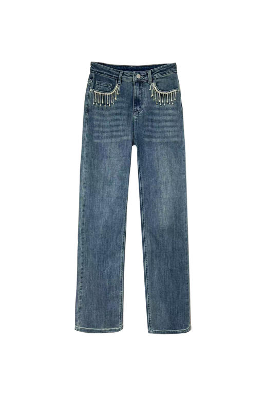 弹力高腰直筒牛仔裤蓝色柔软舒适长裤 商品图0