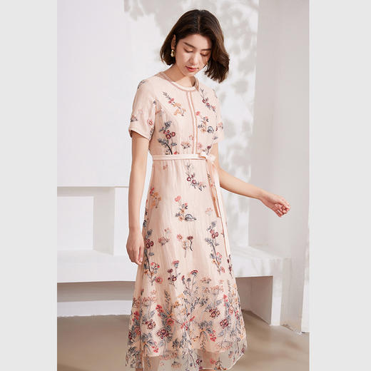 乔万尼柔和粉精美刺绣收腰连衣裙EM1E140 商品图1