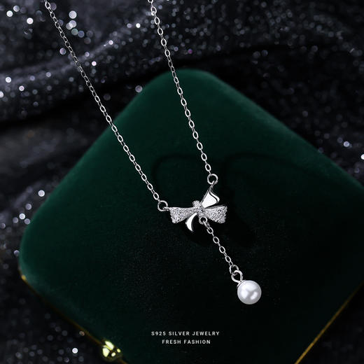 【汐乐】S925银蝴蝶结锆石珍珠流苏项链【YXS-A3139】 商品图1