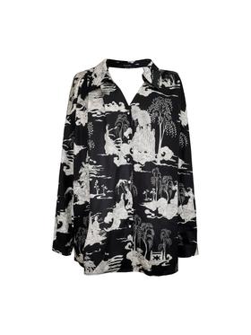 黑色洛神赋手绘印花露背衬衣