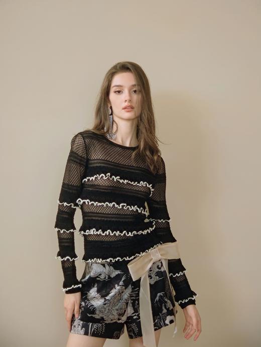 黑色荷叶边针织长袖上衣 商品图2