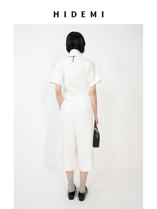 HIDEMI设计感立体廓形飘带领套装 短袖上衣/弯刀裤 商品图1