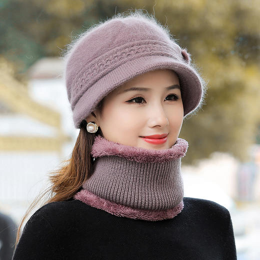 【时尚百搭！保暖针织帽】中老年帽子女秋冬兔毛针织盆帽冬季老人妈妈帽老太太帽子围脖套装，小巧蝴蝶结版型设计，修饰脸型好看又好搭。ry 商品图2