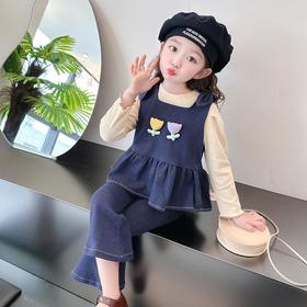 女童花朵牛仔三件套2024春季新款韩版微喇阔腿裤套装童装