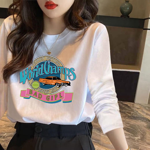 春秋装新款【正肩白色t恤女 宽松长袖】日常百搭 印花纯棉内搭 打底衫上衣潮 商品图9