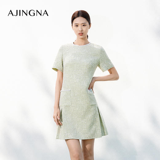 【商场同款】阿菁娜2024春夏新款圆领直筒宽松显瘦小香风连衣裙A29C112016 商品图3