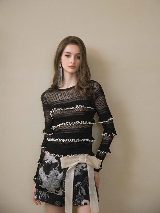 黑色荷叶边针织长袖上衣 商品图1