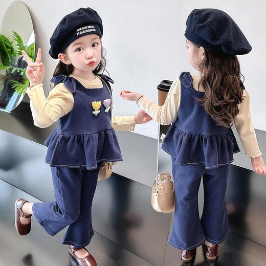 女童花朵牛仔三件套2024春季新款韩版微喇阔腿裤套装童装 商品图3