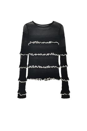 黑色荷叶边针织长袖上衣