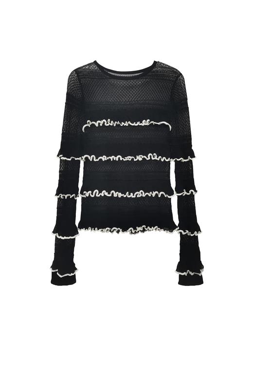 黑色荷叶边针织长袖上衣 商品图0