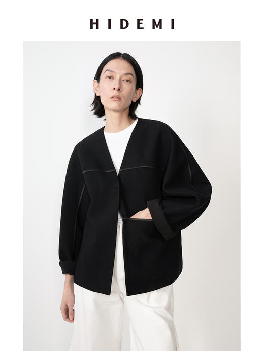 HIDEMI简约无领嵌条拼接弧形袖廓形感西装外套 商品图0