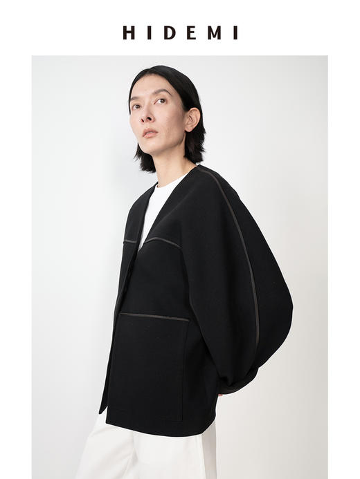 HIDEMI简约无领嵌条拼接弧形袖廓形感西装外套 商品图2
