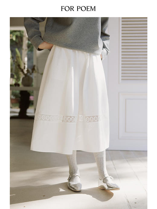 ForPoem 现货 24/SS原创设计气质镂空花边拼接白色A字半身裙女中长款 商品图0