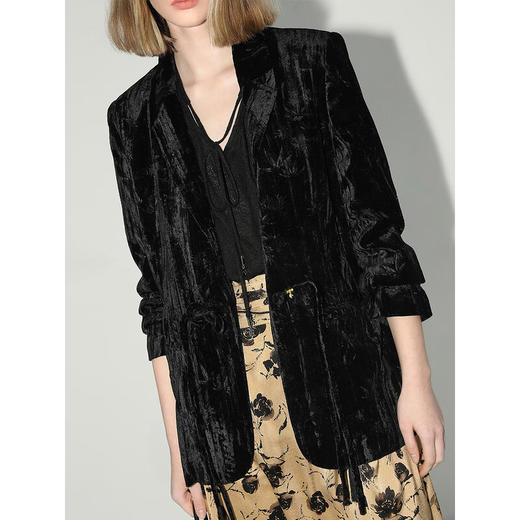 【有赞】COCOBELLA新中式竹叶拓印压褶丝绒西装女国风盘扣外套SI3007B 商品图1