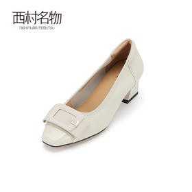西村名物2023春季新品真皮法式气质粗跟时髦方头浅口单鞋女X24AE10191