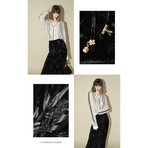 COCOBELLA新中式竹叶拓印压褶丝绒半身裙气质吊坠长裙HS0001B 商品图3