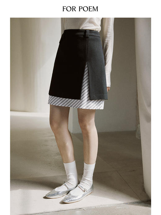 ForPoem 现货 24/SS原创设计醋酸下开叉条纹拼接半身裙女气质a字半裙 商品图0