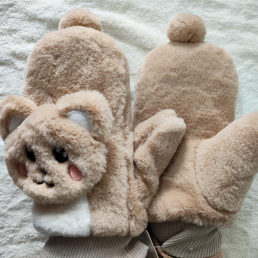 优待源选女款加绒加厚可爱软糯露指触屏毛茸茸保暖学生半指手套YXPS3314 商品图4