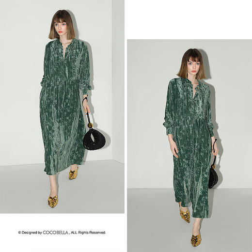 【有赞】COCOBELLA竹叶拓印国风丝绒连衣裙手缝盘扣压褶衬衫裙FR0002 商品图2
