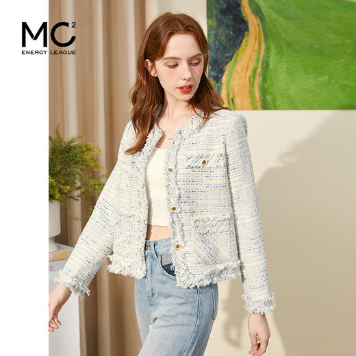 mc2小香风粗花呢圆领外套女装2024春季新款法式千金风显白蓝色 商品图0