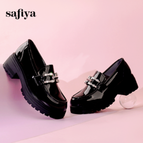 Safiya/索菲娅2024春季学院风金属扣粗跟漆皮英伦厚底乐福鞋 SF41112139