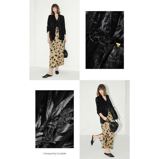 【有赞】COCOBELLA新中式竹叶拓印压褶丝绒西装女国风盘扣外套SI3007B 商品图2