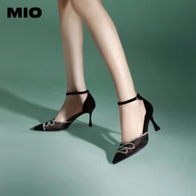 MIO米奥夏季尖头细跟网面时装凉鞋一字扣带钻链宴会高跟鞋M242212000