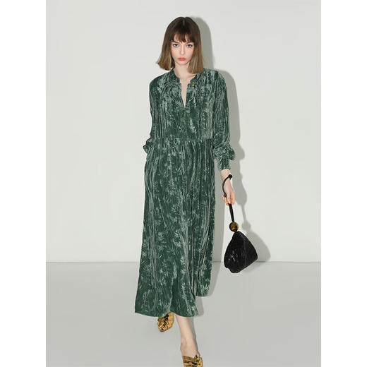 【有赞】COCOBELLA竹叶拓印国风丝绒连衣裙手缝盘扣压褶衬衫裙FR0002 商品图0