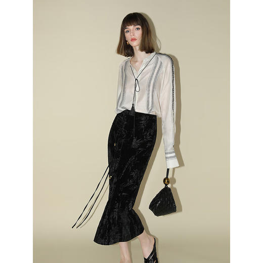 COCOBELLA新中式竹叶拓印压褶丝绒半身裙气质吊坠长裙HS0001B 商品图1