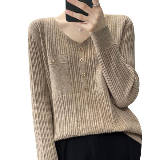 丁摩 羊毛混纺春秋新款V领针织衫女外穿毛衣宽松显瘦上衣内搭打底衫潮5ZF-063 商品图4