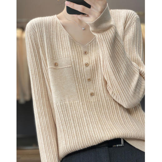 丁摩 羊毛混纺春秋新款V领针织衫女外穿毛衣宽松显瘦上衣内搭打底衫潮5ZF-063 商品图3