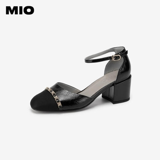 MIO米奥夏季圆头高跟气质凉鞋一字带珍珠链条时装凉鞋女M242223983 商品图1