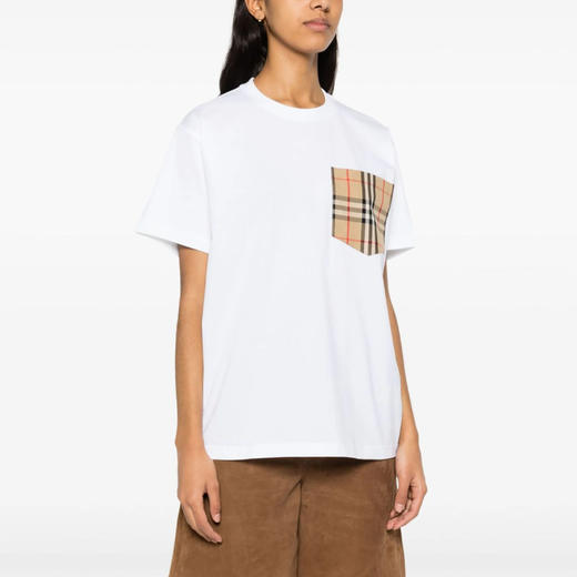【一】BURBERRY 巴宝莉 女士格纹口袋棉质圆领短袖T恤 白色 8080322 A1464 商品图1