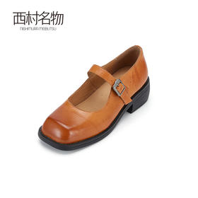 西村名物2024春季新品法式粗跟玛丽珍盘扣气质百搭小皮鞋女X24AE11621